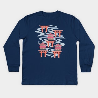 EDO Traditional Japanese Castles and Oriental Japan Torii Gates with Flowing River in Vintage Palette Fuchsia Pink Coral Orange Brown Blue White - UnBlink Studio by Jackie Tahara Kids Long Sleeve T-Shirt